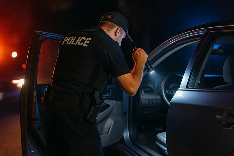 Vehicle Search for Concealed Weapon Police officer searching a car during a late evening traffic stop.