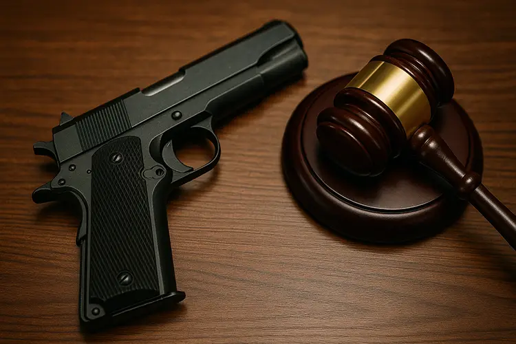 Restoration of Firearm Rights After Case Dismissal Handgun placed safely on a wooden desk symbolizing returned property.