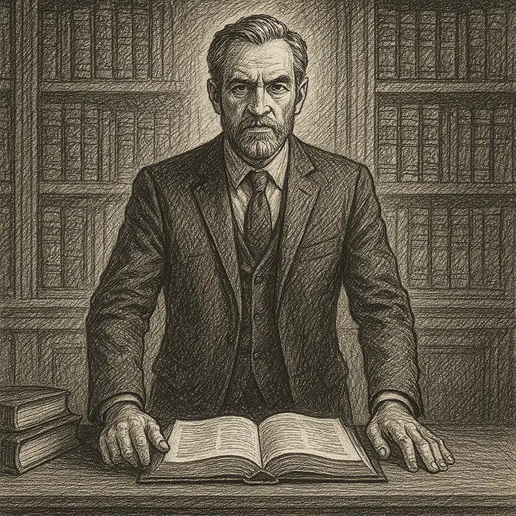 Confident attorney standing behind desk in law library