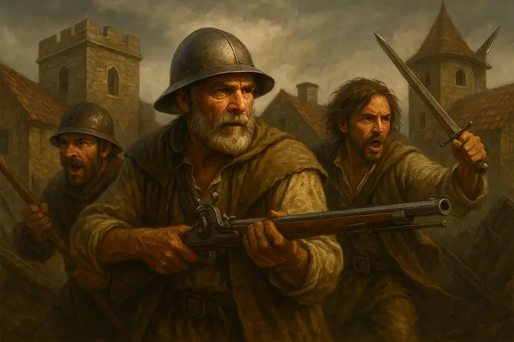 A_traditional_oil_or_digital_painting_in_a_realist A group of armed medieval villagers—farmers and tradesmen—stand ready with muskets, swords, and spears in front of a fortified village, representing the historical roots of citizen-based militias.