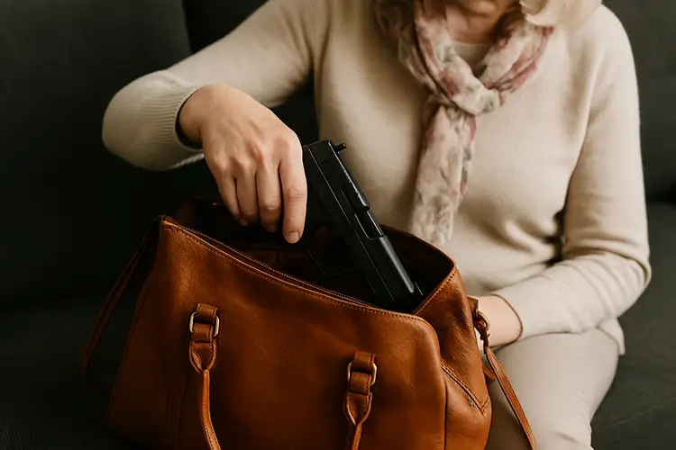 Bruen Decision and Concealed Carry Permit Reform A woman placing a handgun into her leather purse.