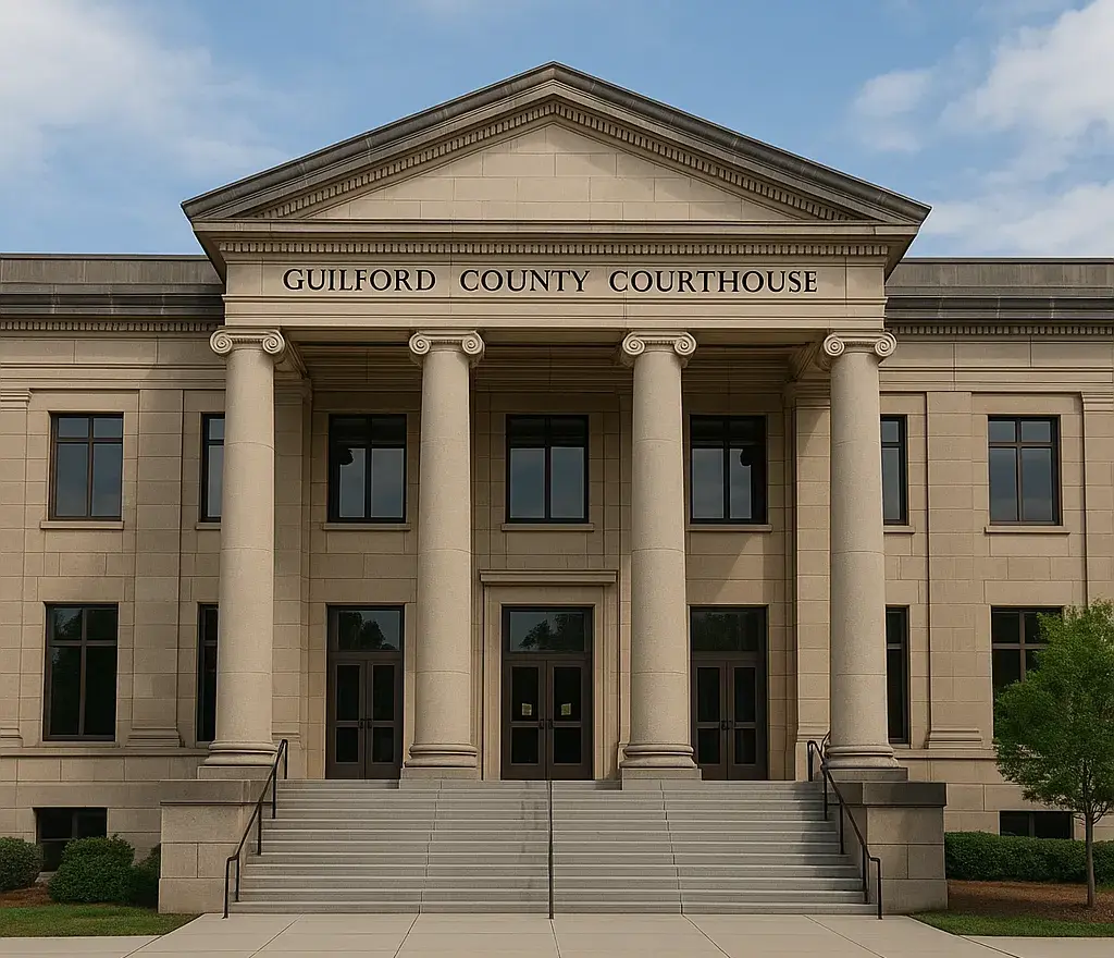 Exterior of Guilford County Courthouse where Fourth Amendment cases are heard.