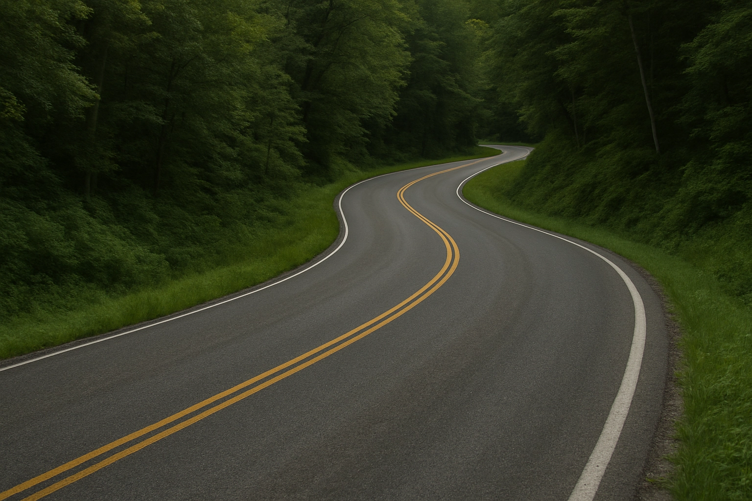 Winding rural highway in North Carolina surrounded by dense greenery, symbolizing traffic routes and driving conditions.