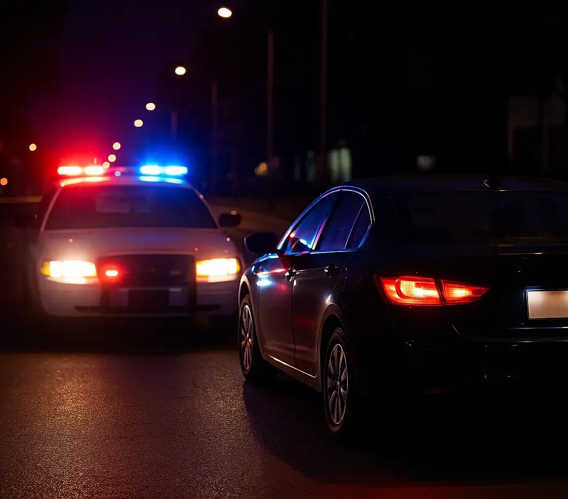 El Error un Giro Ilegal a la Izquierda en Medio de Carreteras Desconocidas Parada de tráfico nocturna con un coche patrulla encendido detrás de un sedán negro.