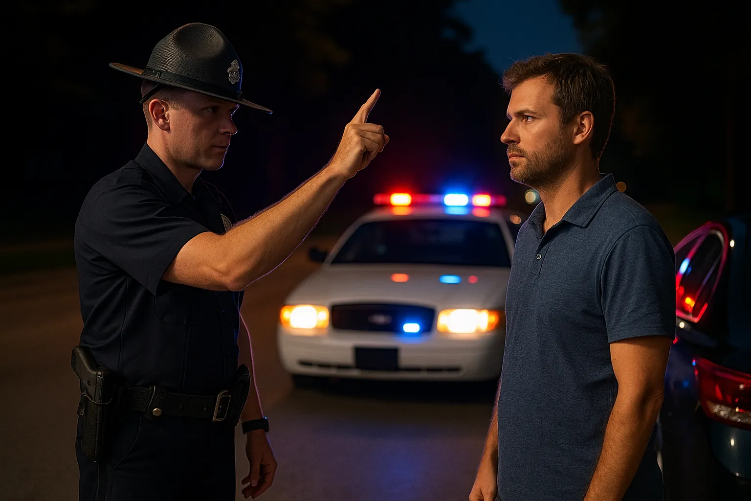 Field Sobriety Test Under Guilford County Lights Officer administering a DUI field sobriety test on a male driver on a Greensboro road at night