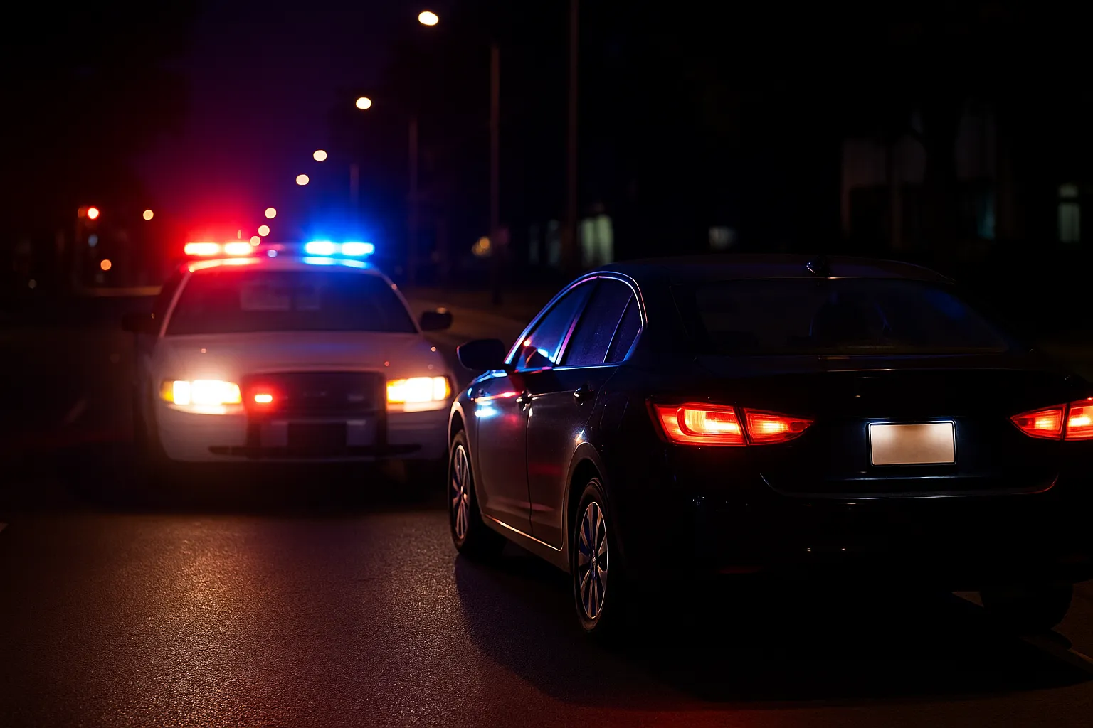 Greensboro Night Drive Interrupted by Police Police car with flashing lights pulling over a sedan at night in Greensboro, NC