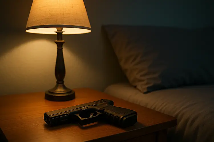 Heller Case and the Right to Concealed Carry at Home A handgun resting on a nightstand in a Greensboro home, symbolizing the right to self-defense