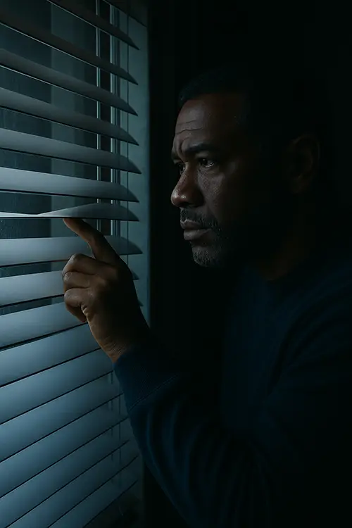 McDonald Ruling and Gun Rights in North Carolina Communities A concerned African American homeowner looking through blinds in a dimly lit room