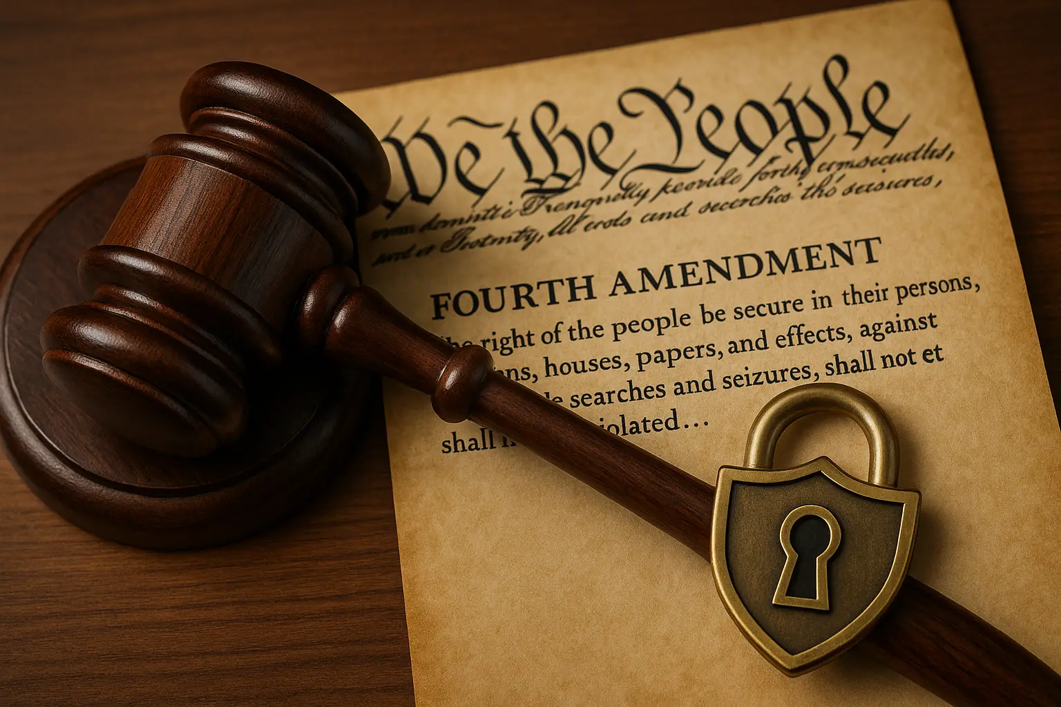 Por Qué Hablamos tan a Menudo de la Privacidad Mazo de juez sobre un documento con la Cuarta Enmienda y un candado dorado que simboliza los derechos de privacidad.
