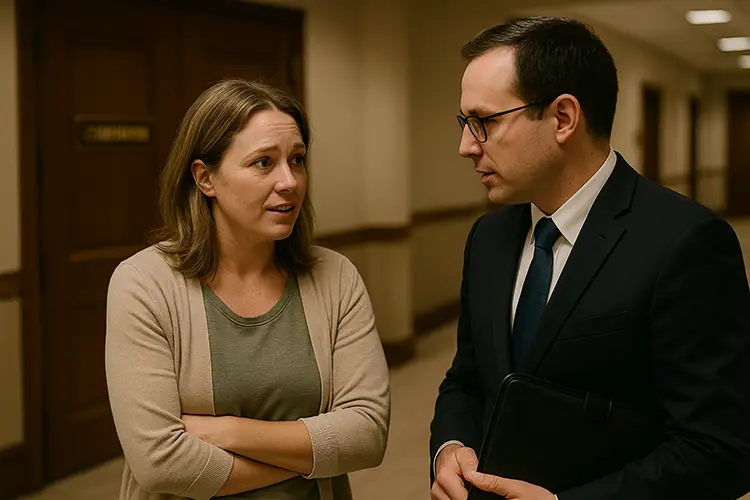Protective Orders and Responsible Gun Regulation A woman consulting with her attorney in a courthouse hallway.