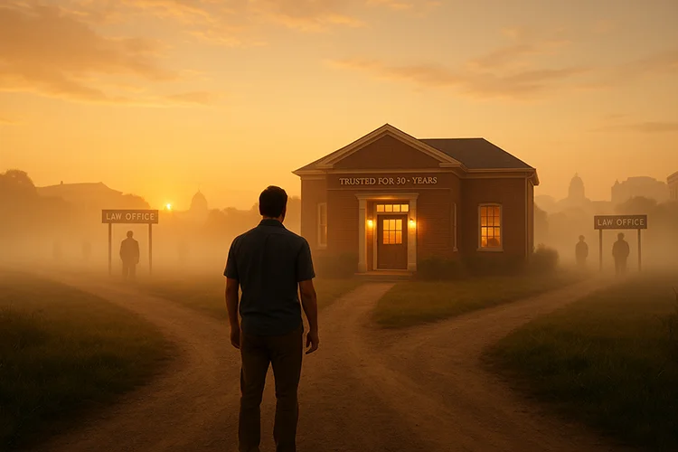 greensboro-criminal-defense-lawyer-trusted-experience-crossroads Man stands at a crossroads at golden hour, choosing a trusted Greensboro law firm with 30+ years of experience