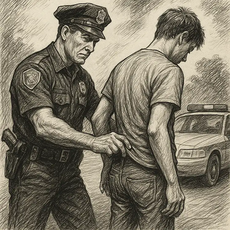 Ilustración en blanco y negro de un oficial de policía registrando a un hombre joven de espaldas, junto a un coche patrulla.