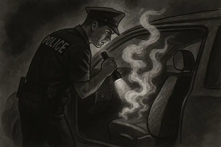 Ilustración en blanco y negro de un oficial de policía iluminando con una linterna el interior de un vehículo, donde se observa humo saliendo del asiento delantero