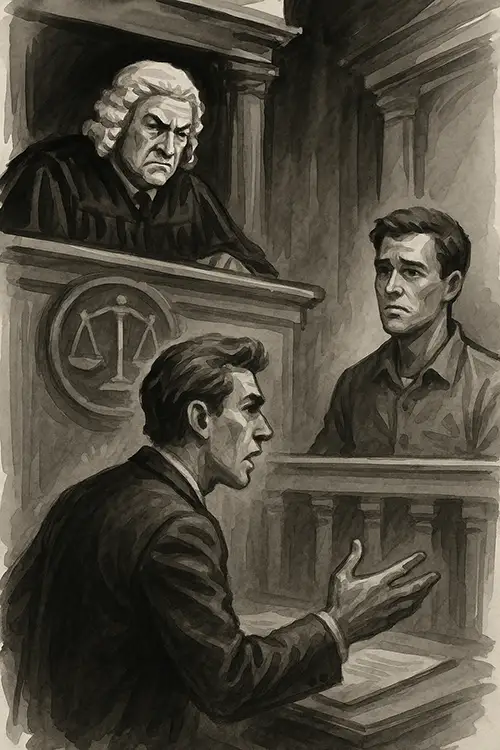 Ilustración en tinta de una sala de audiencias donde un juez observa a un testigo mientras un abogado presenta su argumento.