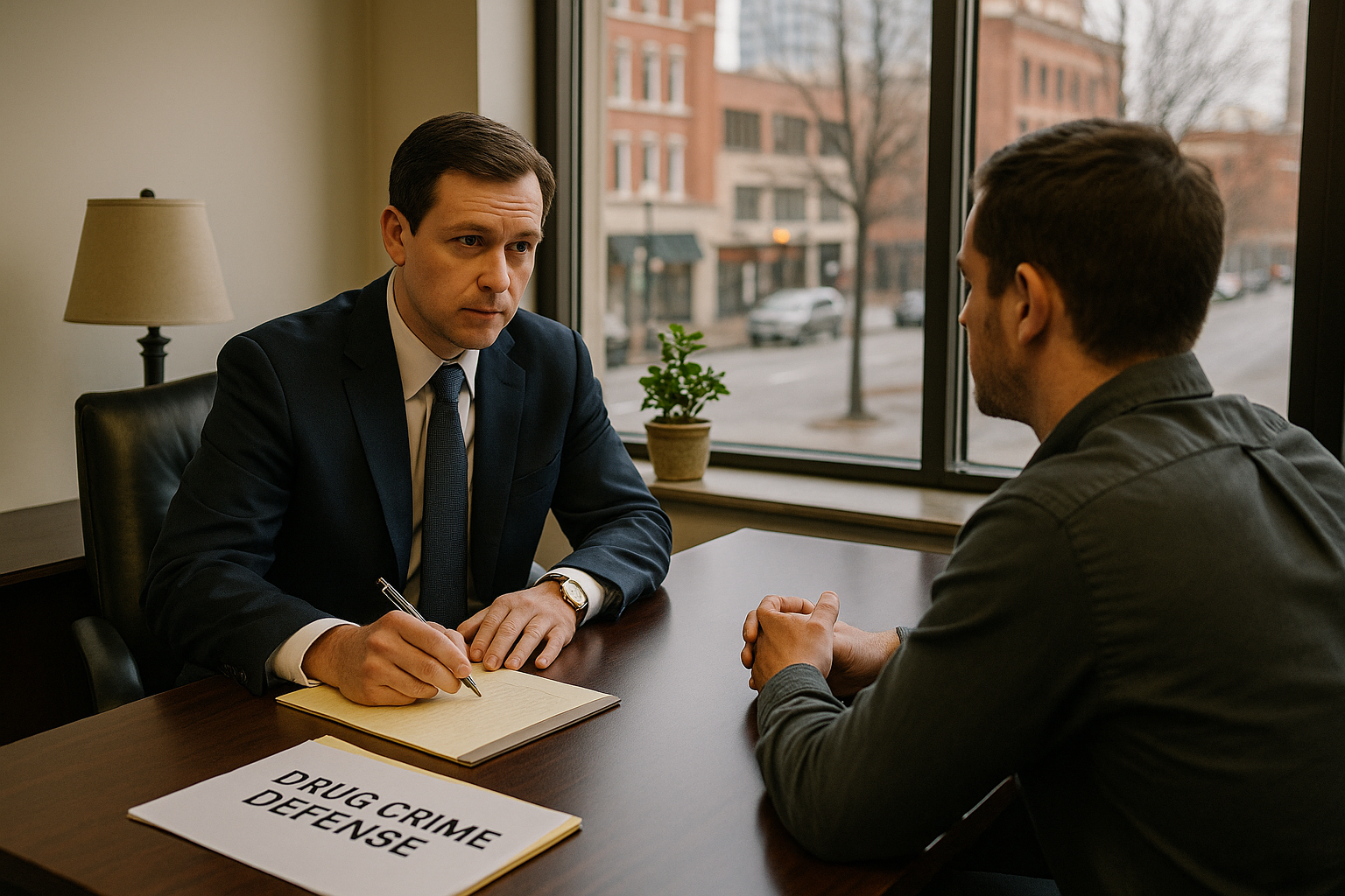 Abogado de defensa en delitos de drogas reunido con un cliente en una oficina, tomando notas durante una consulta legal, con vista a la ciudad de Greensboro a través de la ventana.