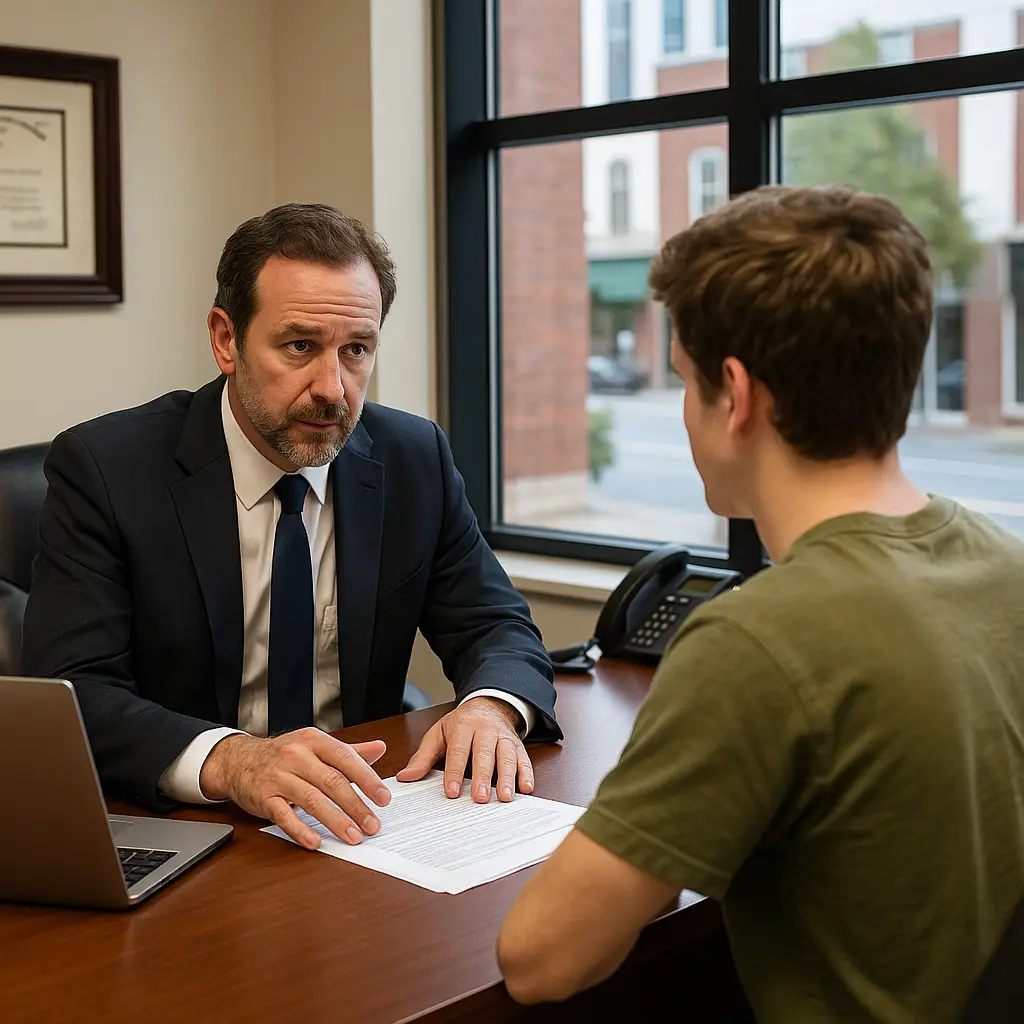 Abogados de Greensboro para Casos de DWI Protegiendo a Conductores Jóvenes Abogado reunido con un joven cliente en una oficina, revisando documentos legales cerca de una ventana con vista a la calle.