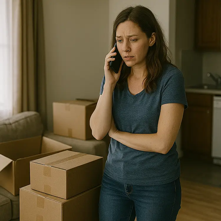 Absconding or Life Interrupted Woman in a small apartment talking on the phone near packed boxes, looking concerned