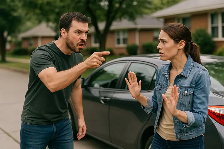 Angry man points during an argument while a woman reacts defensively next to a parked car