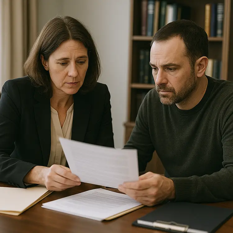 Building a Strategic Defense Together Attorney and client review documents together in a quiet legal office