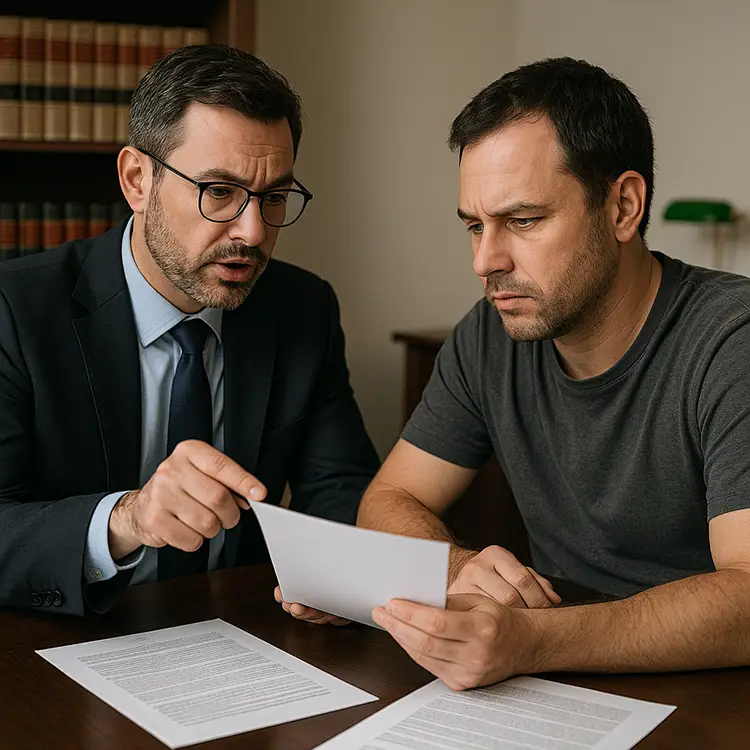 Abogado y cliente revisando documentos legales juntos en una oficina, con estanterías de libros de derecho al fondo.