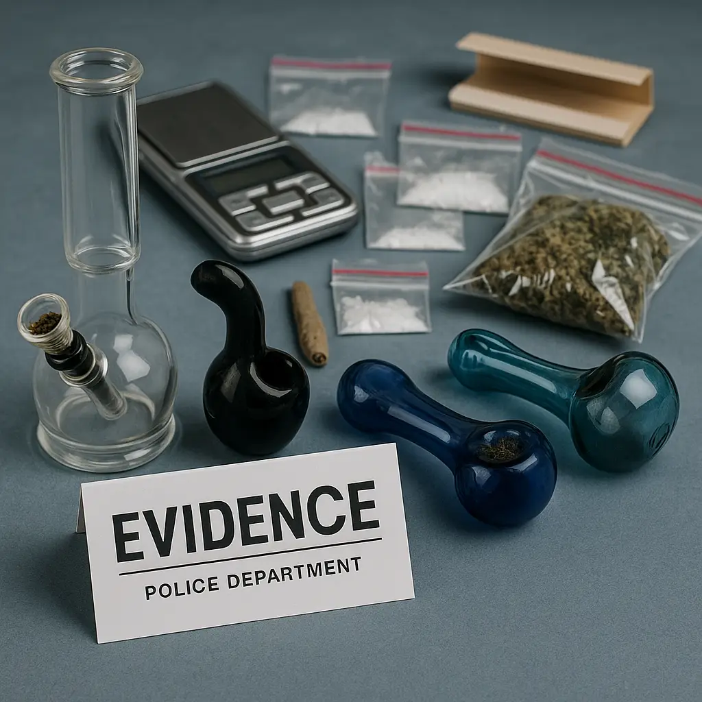 Common Drug Paraphernalia in North Carolina Cases Police evidence table with various drug paraphernalia items.