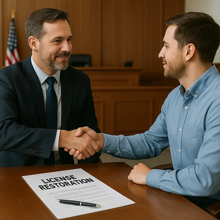 Conditional License Restoration in Randolph County Attorney and client shaking hands in a courtroom after successful license restoration.