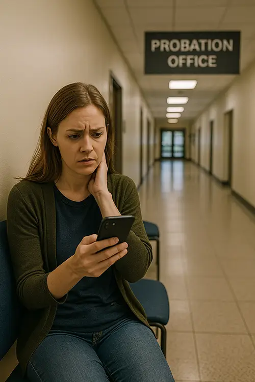Consequences of a Missed Appointment Concerned woman checks her phone while sitting in a probation office hallway