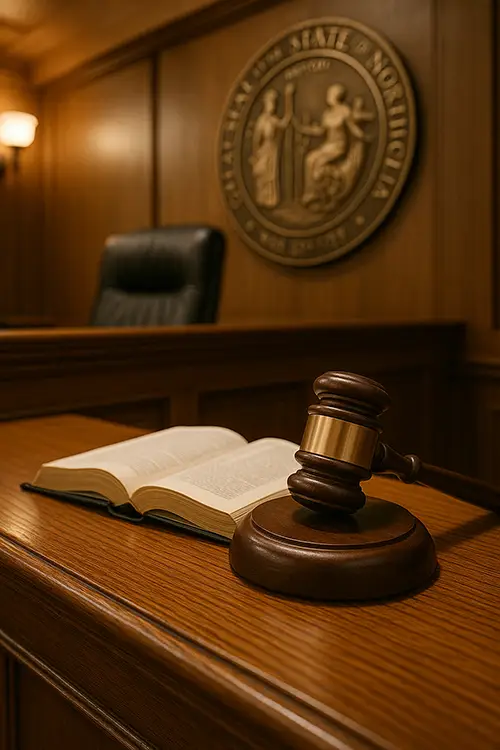 Wooden judge’s bench with gavel and open North Carolina General Statutes book in a courtroom.