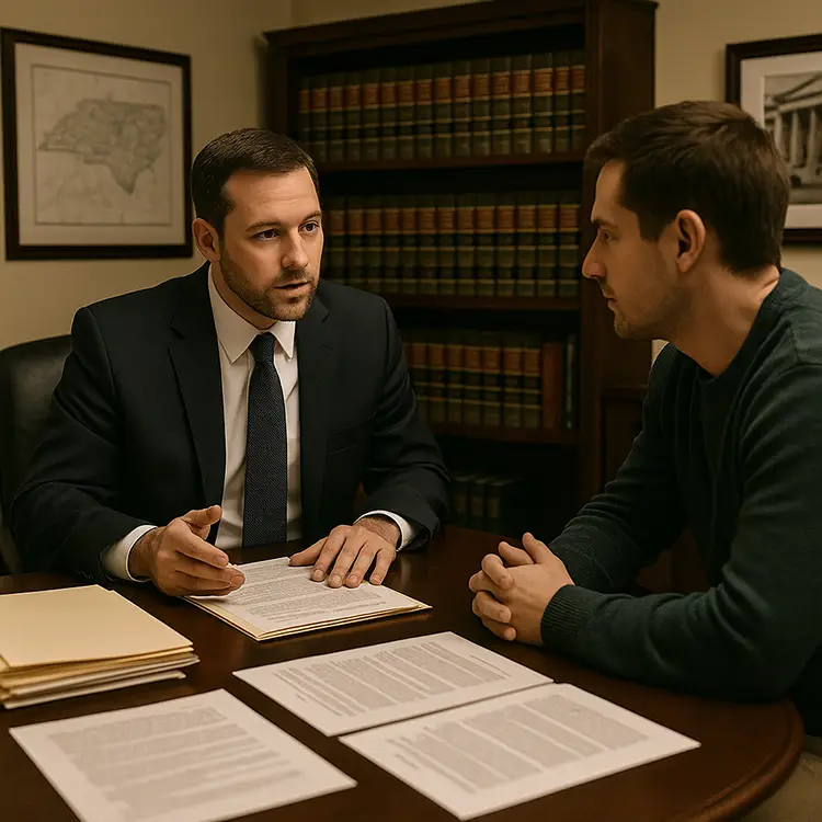 Defense attorney and client reviewing case documents in a Greensboro law office.