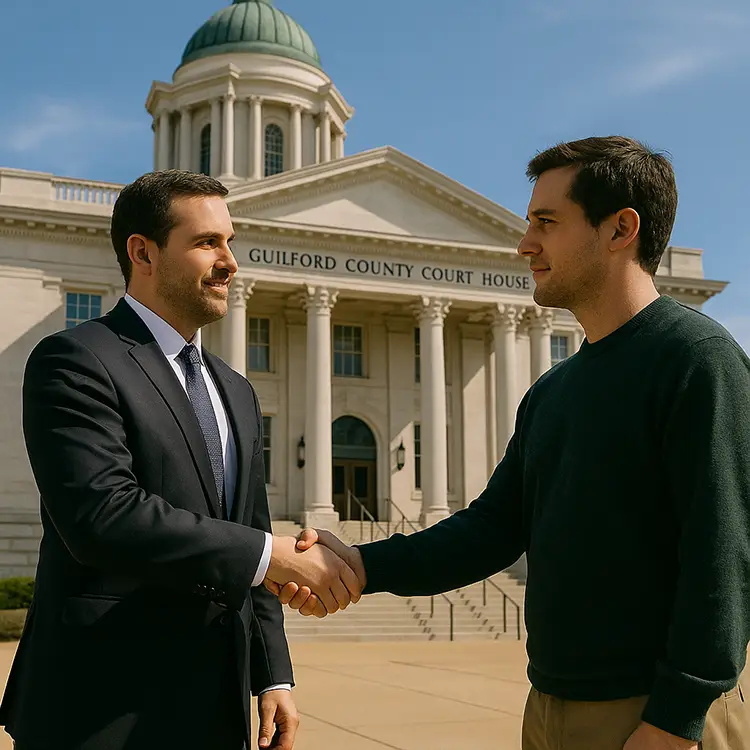 Attorney and client shaking hands outside the Guilford County Courthouse in Greensboro NC.