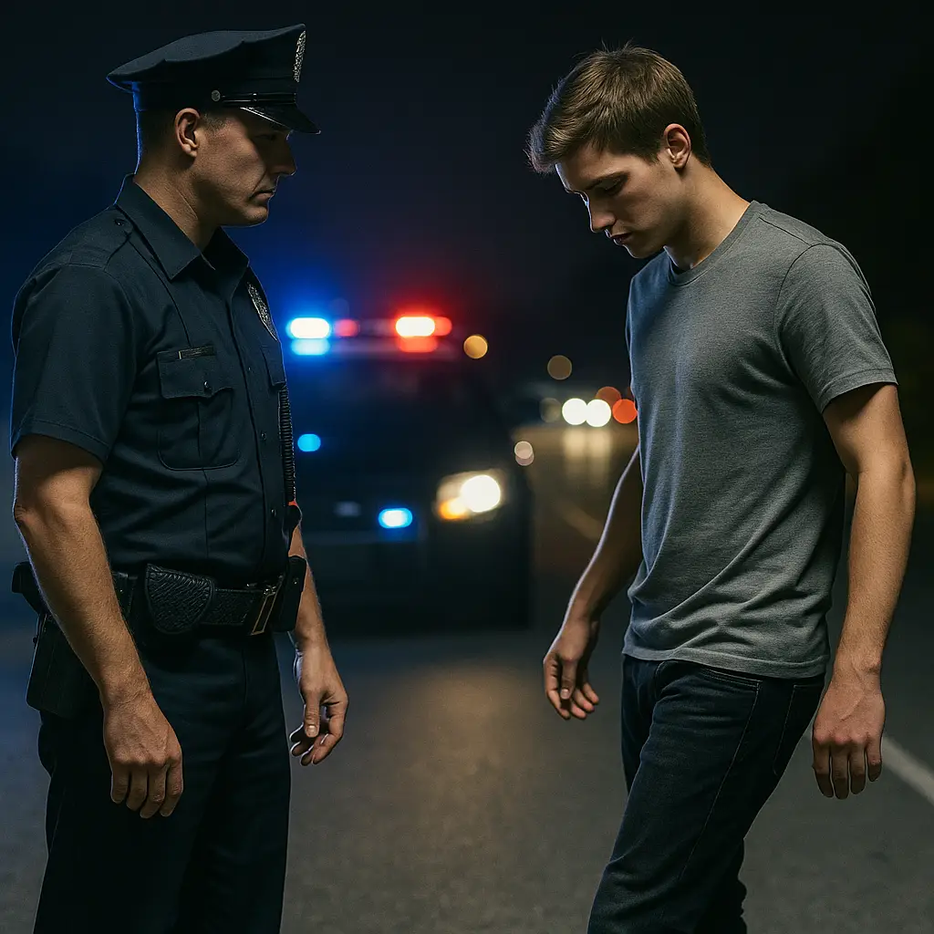 Impugnando Acusaciones de DWI siendo Menor de Edad en el Triad Oficial de policía observando a un joven realizar una prueba de sobriedad en carretera de noche, con luces intermitentes de patrulla al fondo.