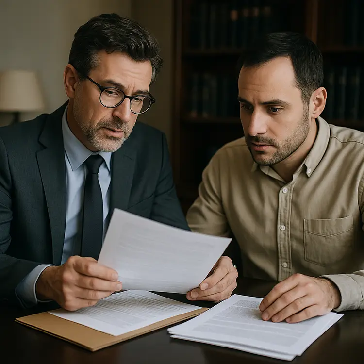 In the Attorney’s Office Reconstructing the Story Defense attorney and client in deep discussion over documents in a private legal office
