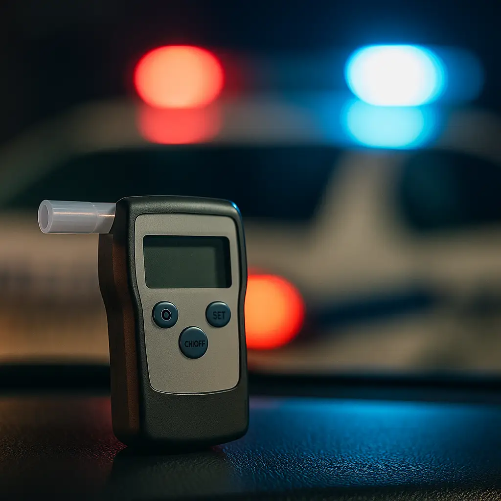 Investigando Errores en Pruebas de Aliento y Sangre en Casos de Conducir en Estado de Ebriedad en Carolina del Norte Alcoholímetro portátil sobre una superficie, con un coche patrulla y sus luces intermitentes desenfocadas al fondo.