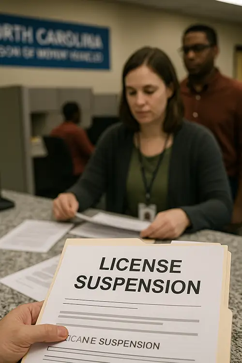 Navigating License Suspensions in Guilford County North Carolina DMV employee assisting a driver with license suspension paperwork.