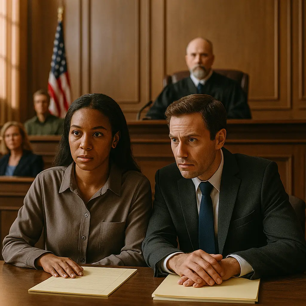 North Carolina Drug Schedules and Penalties Defendant and attorney in a North Carolina courtroom listening to the judge.