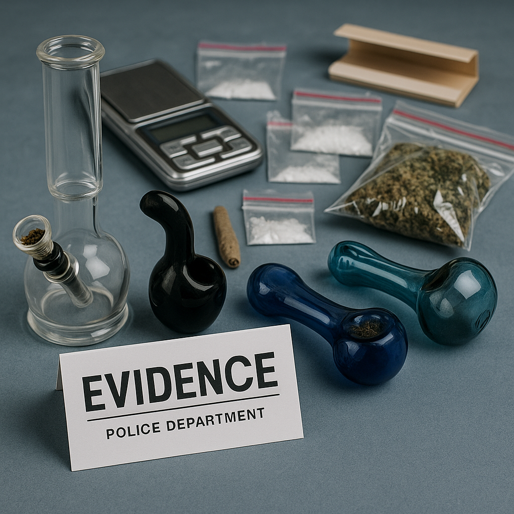 Evidencia de parafernalia de drogas que incluye pipas de vidrio, báscula digital, bolsas con marihuana y polvo blanco, papeles para enrolar y un letrero de “Evidence” del departamento de policía.