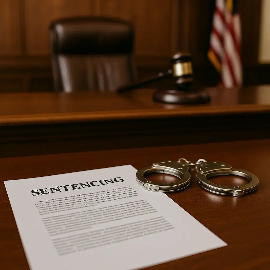 Possession Penalties in the Triad Sentencing documents and handcuffs on a courtroom table.