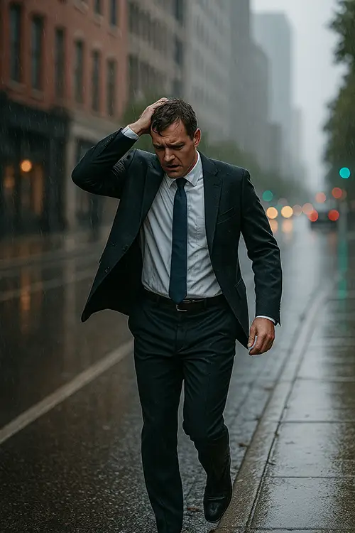 Man in a business suit walking through downtown in heavy rain without an umbrella.
