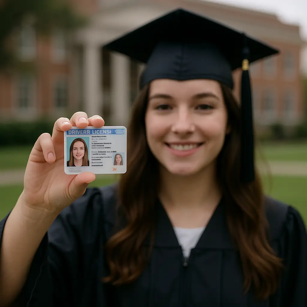 Protecting Your Future After an Underage DWI Graduate in cap and gown holding a driver’s license in front of a university building.