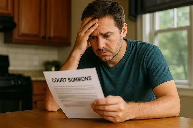 The Cost Beyond Court Life After a Simple Assault Charge Worried man sits alone at a kitchen table reviewing a court summons