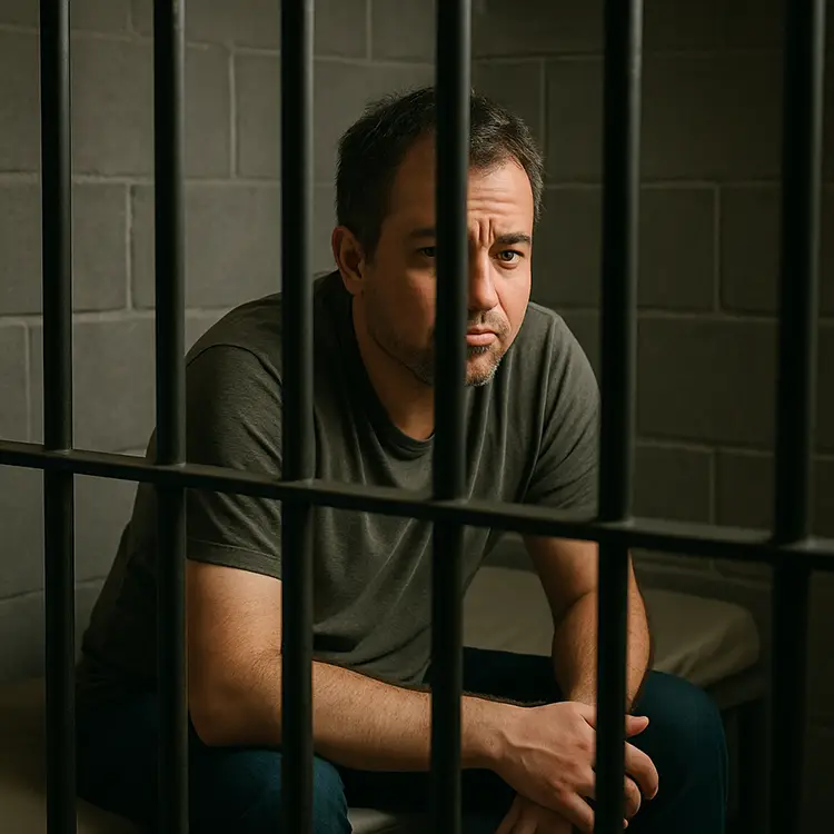 Middle-aged man sits inside a jail cell, looking upset and bored