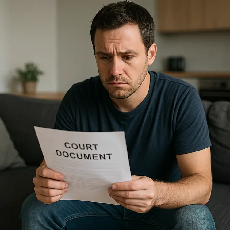 Distressed man in his 30s sits on a couch holding a court document