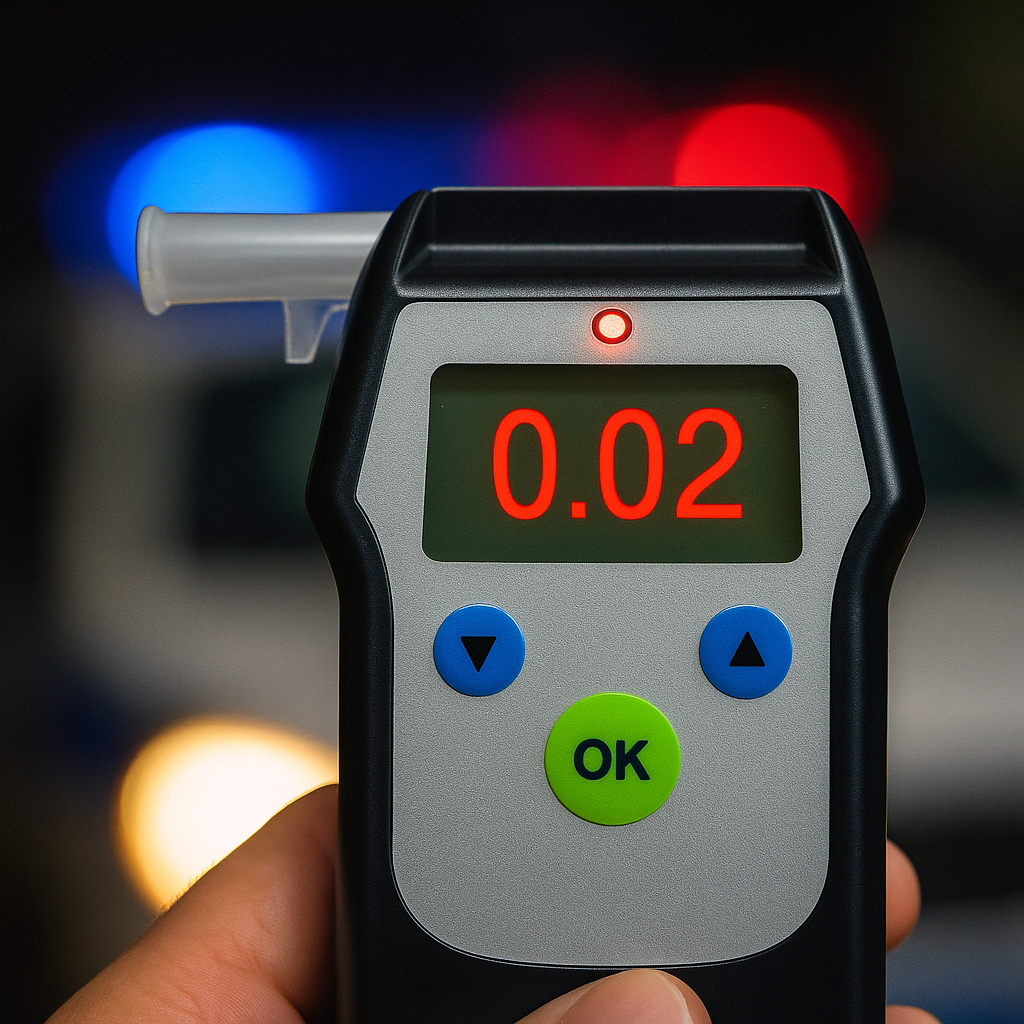 Tolerancia Cero para el Consumo de Alcohol y la Conducción siendo Menor de Edad Alcoholímetro portátil mostrando un resultado de 0.02 en pantalla, con luces rojas y azules de un vehículo policial desenfocadas al fondo.