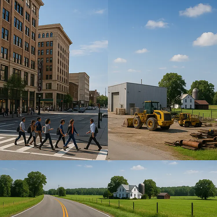 Composite image of downtown Greensboro, High Point industrial area, and Alamance County farmland, highlighting Triad communities.