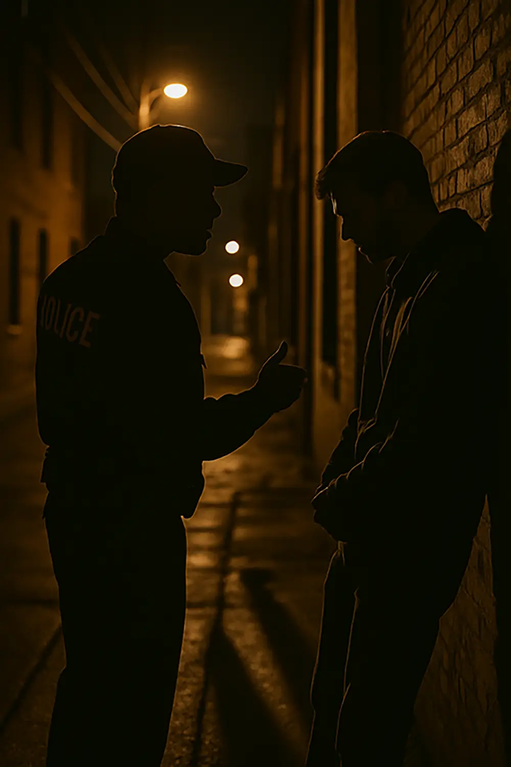 Silhouette of police officer speaking to a man in a dimly lit Greensboro alley at night.