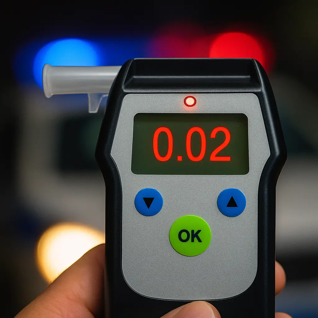 Zero Tolerance for Underage Drinking and Driving Portable breathalyzer showing .02 BAC with police lights blurred in the background.