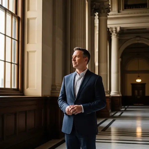 A Greensboro Attorney to Protect Your Livelihood A professional and confident Dummit Fradin traffic attorney standing inside a North Carolina courthouse, prepared for a case.