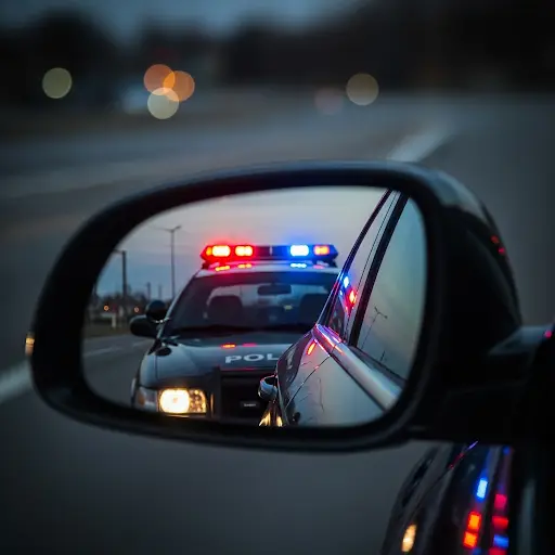 Traffic Lawyers Who Fight to Keep You Moving Close-up of a car's side-view mirror reflecting the flashing red and blue lights of a police vehicle during a traffic stop.