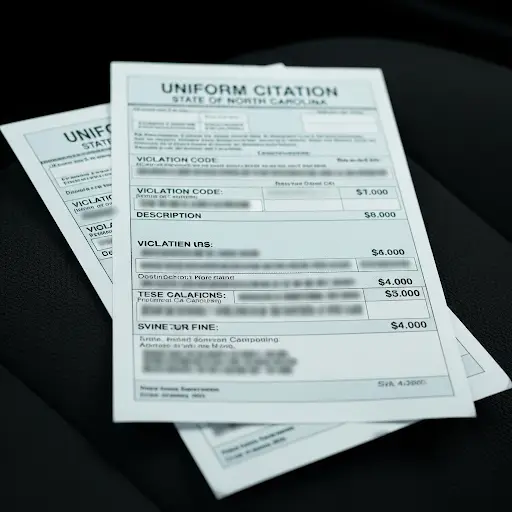 North Carolina Speeding Ticket Fines A close-up photo of an official North Carolina traffic ticket, highlighting the section for violations and monetary penalties.