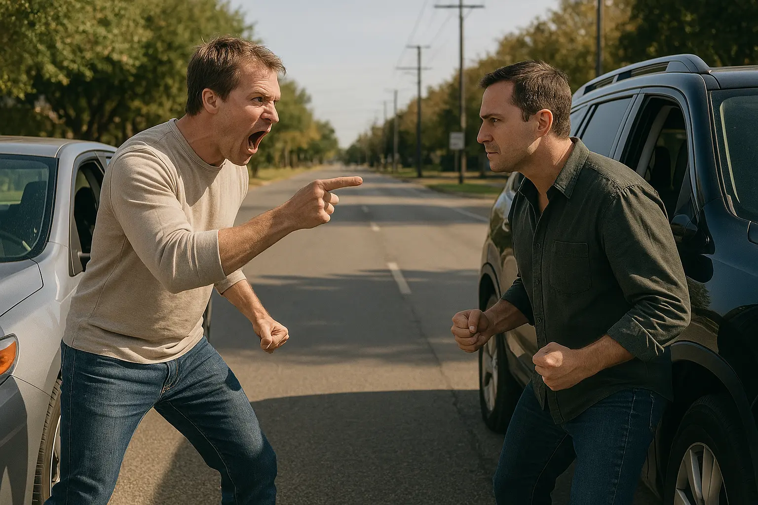 simple assault road rage chatgpt generated image 75 Two men aggressively confront each other in the middle of a road during a road rage incident, with one yelling and pointing while the other clenches his fists—illustrating a scenario that could escalate into simple assault.